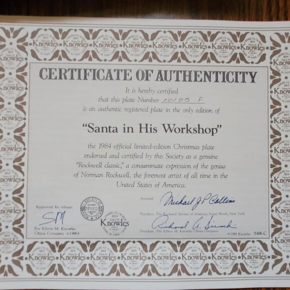 The Edwin Knowles China Co. 1984 Plate Norman Rockwell "Santa in His Workshop", - Picture 5 of 9